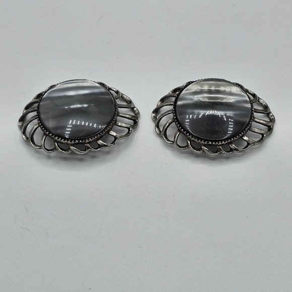 Vintage Musi Silver-tone Filgree Shiny Black Button Shoe Clips - Picture 1 of 6